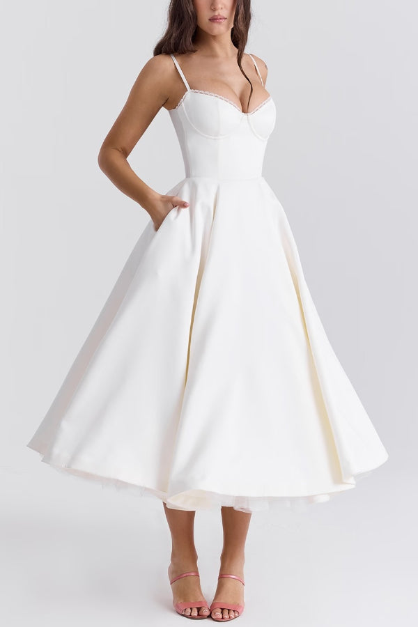 Lace Trim Sweetheart Corset Bodice Tulle Petticoat Fit and Flare Midi Dress