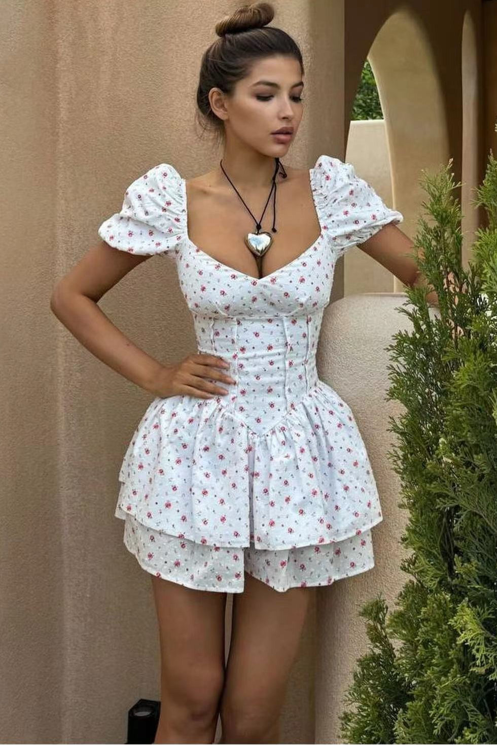 Floral Print Sweetheart Puff Sleeve Corset Tiered Ruffle Skater Mini Dress