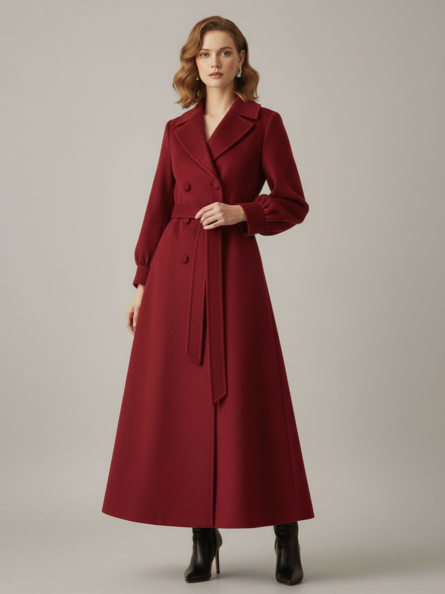 Belted Double-Breasted Woolen Full-Length Coat With Balloon Sleeves For Women 2026