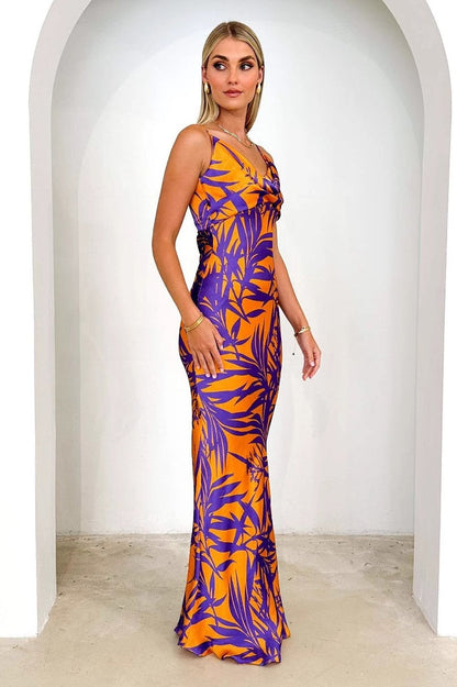 Sexy Purple Floral Print V-neck Slim Maxi Dress