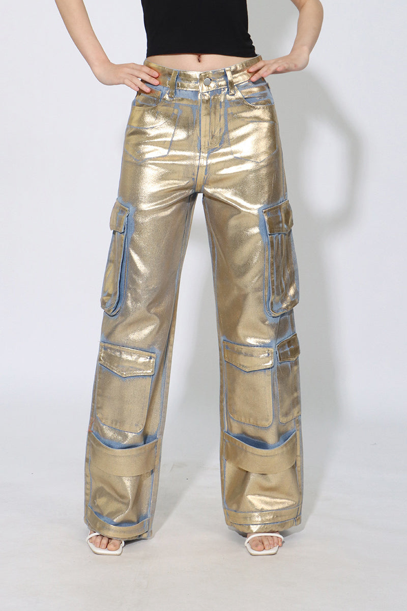 Street Style Metallic Cargo Straight Jean