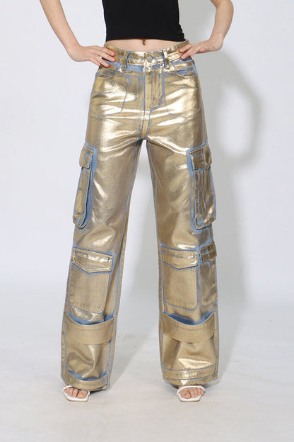 Street Style Metallic Cargo Straight Jean