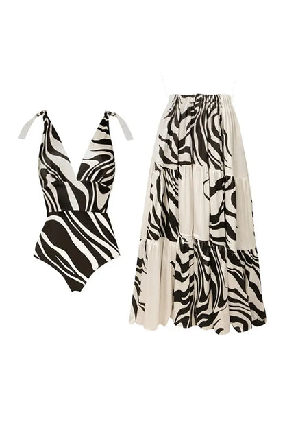 Deep V Striped Monochrome Elegant Swimsuit