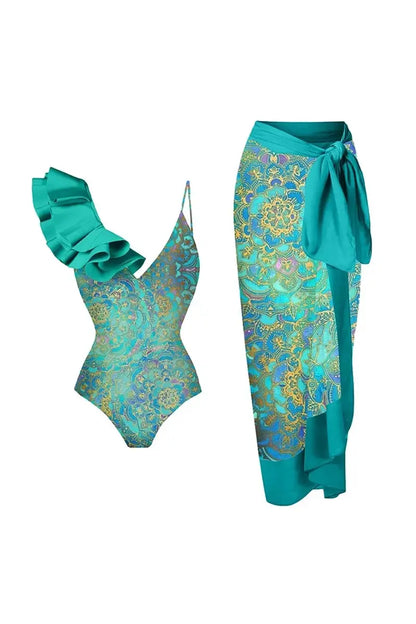 Boho Ruffle Print One Piece Swimsuit Set