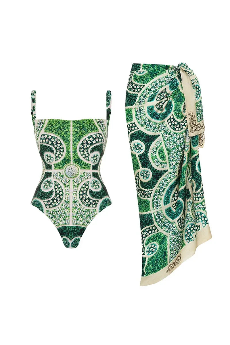 Green Ethnic Print One Piece Swimsuit Set
