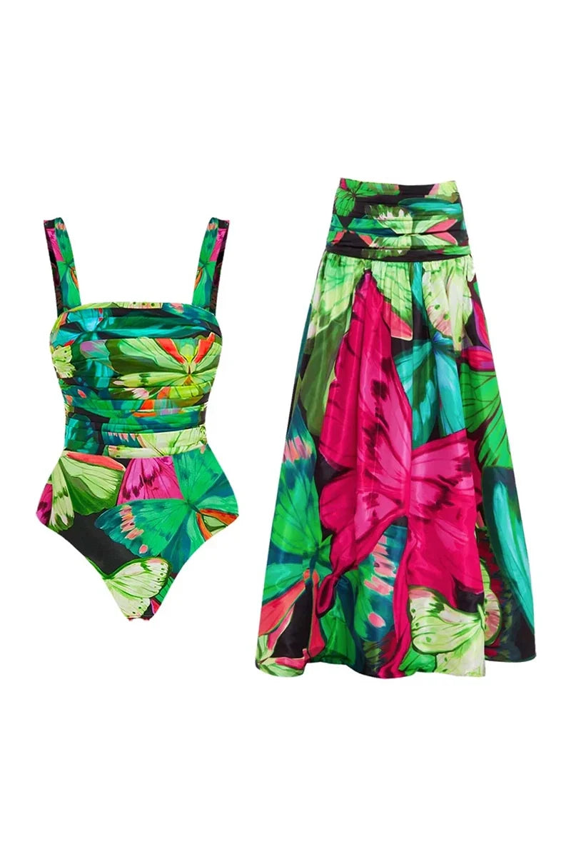 Butterfly Print Ruched Slimming Swimsuit Set