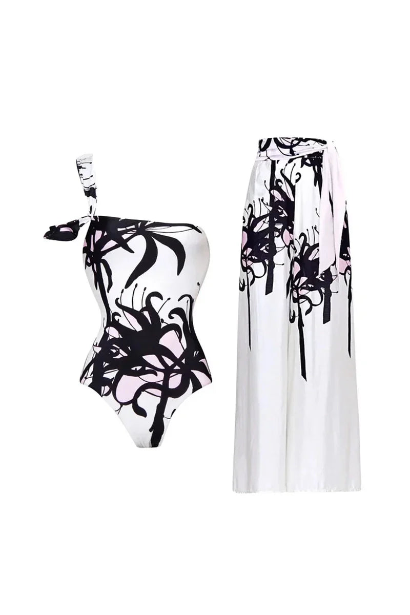 Chinese Ink Print One Piece Swimsuit Set