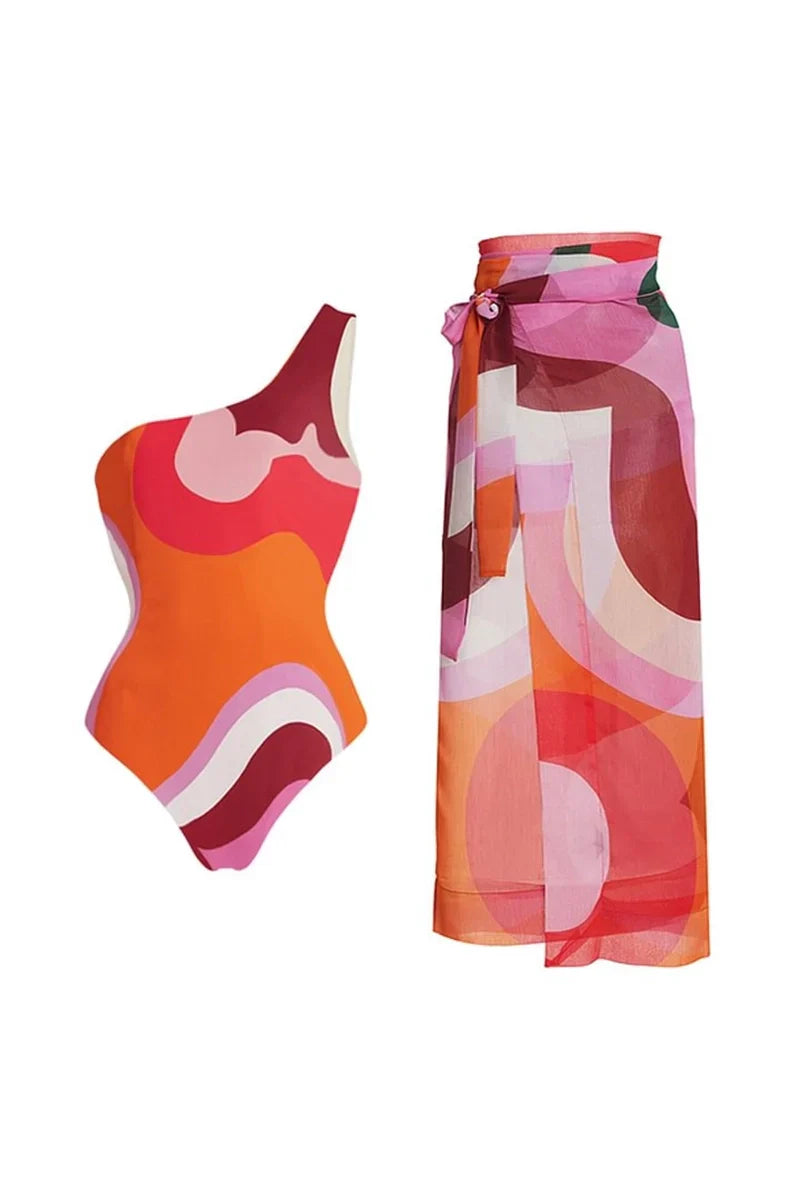 Geometric Print One Piece Swimsuit Set