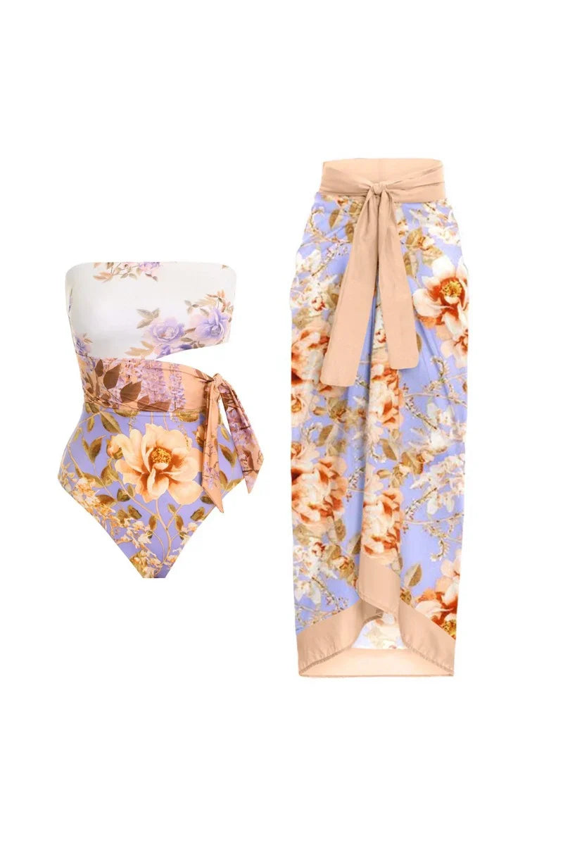 Cutout Floral Tie-Waist One-Piece Swimsuit