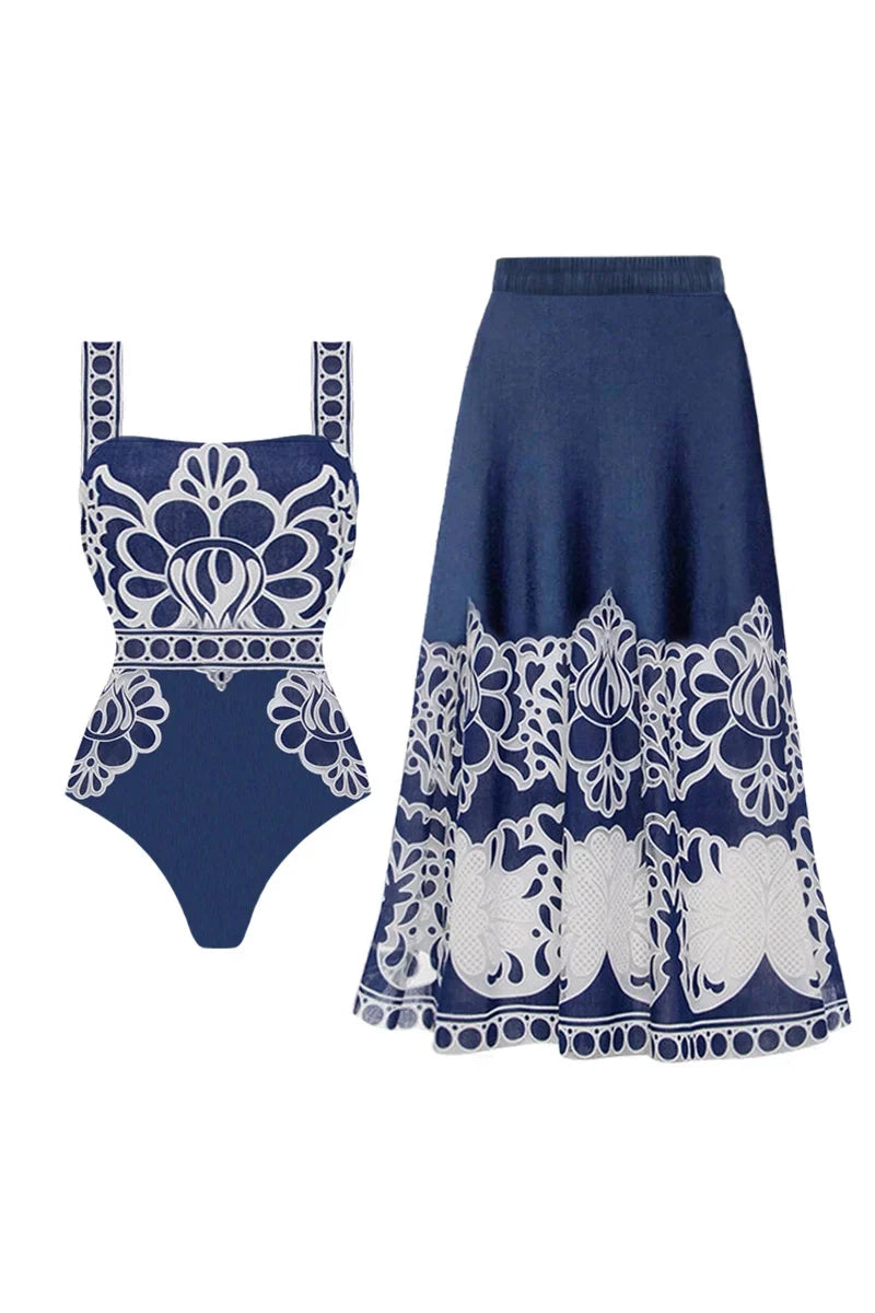 Ethnic Print Swimsuit Set