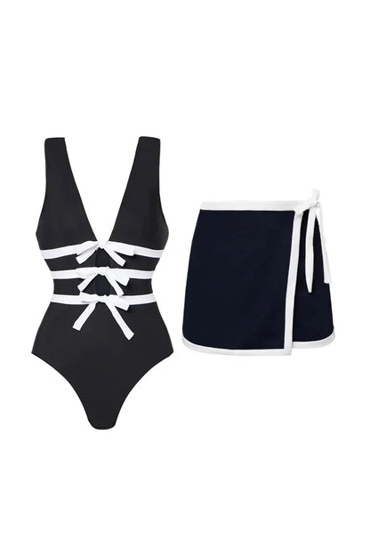 Cutout Black and White One-Piece Swimsuit