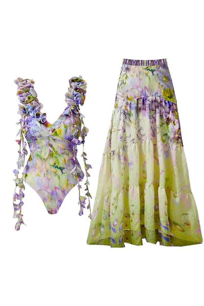 Floral Appliqué Tie-Up Fairy Style Swimsuit