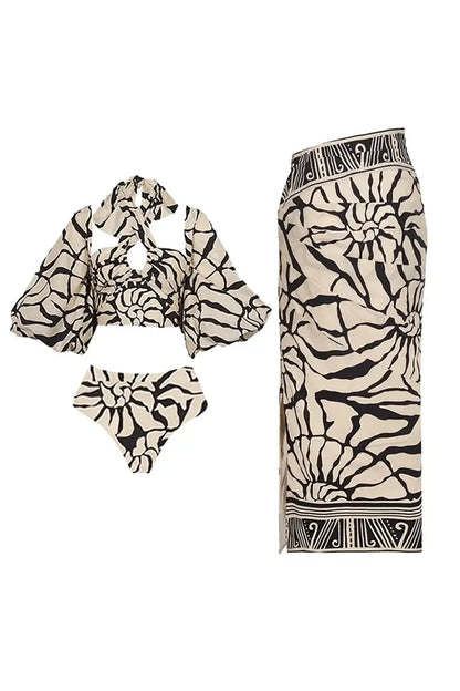 Halter Printed Swimsuit Set with Detachable Sleeves