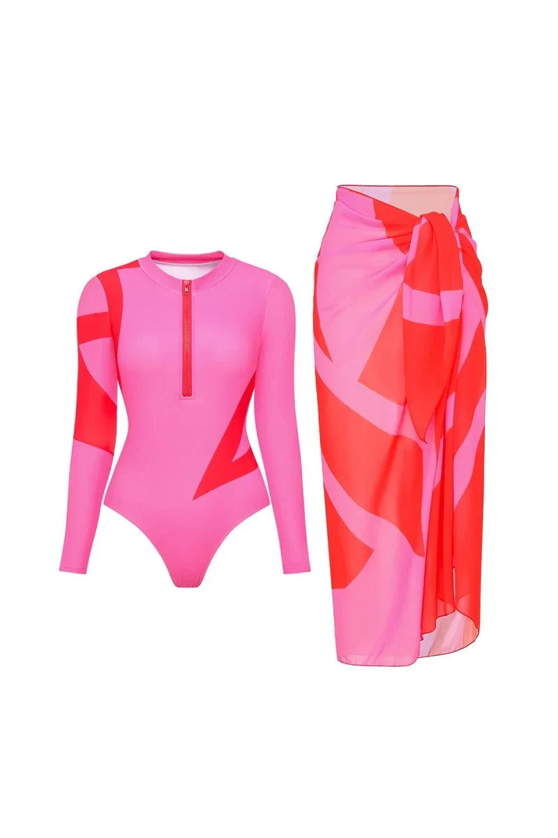 Colorblock Long Sleeve Surf Swimsuit Set