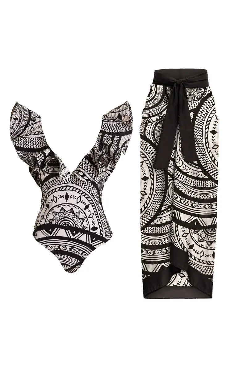 Deep V Ruffle Vintage Print Swimsuit