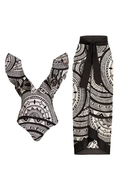 Deep V Ruffle Vintage Print Swimsuit