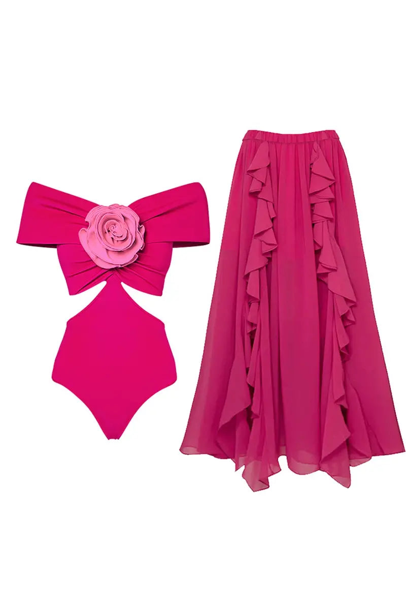 Floral Appliqué Cutout One Piece Swimsuit Set