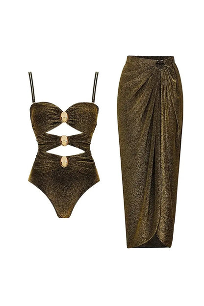 Gold Buckle Cutout Glossy One Piece Swimsuit Set