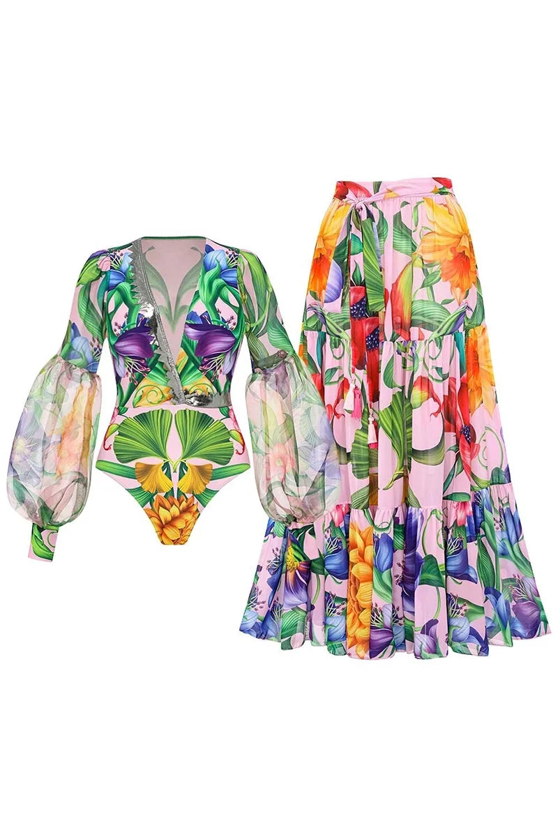 Deep V Lantern Sleeve Printed Swimsuit Set
