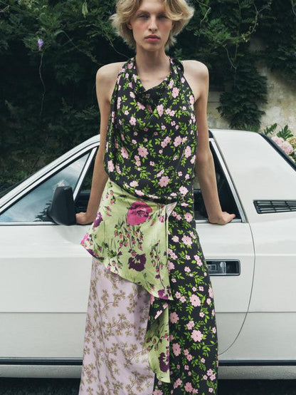 Floral Print Halterneck Backless Maxi Dress