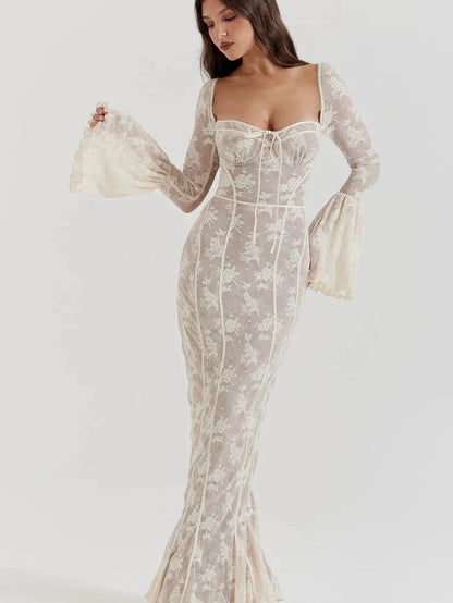 Sweetheart  Neck Bell Sleeves Lace Maxi Dress