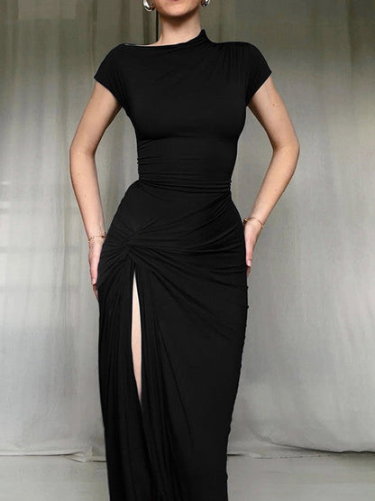 Short Sleevees Ruched High Slit Maxi Dress