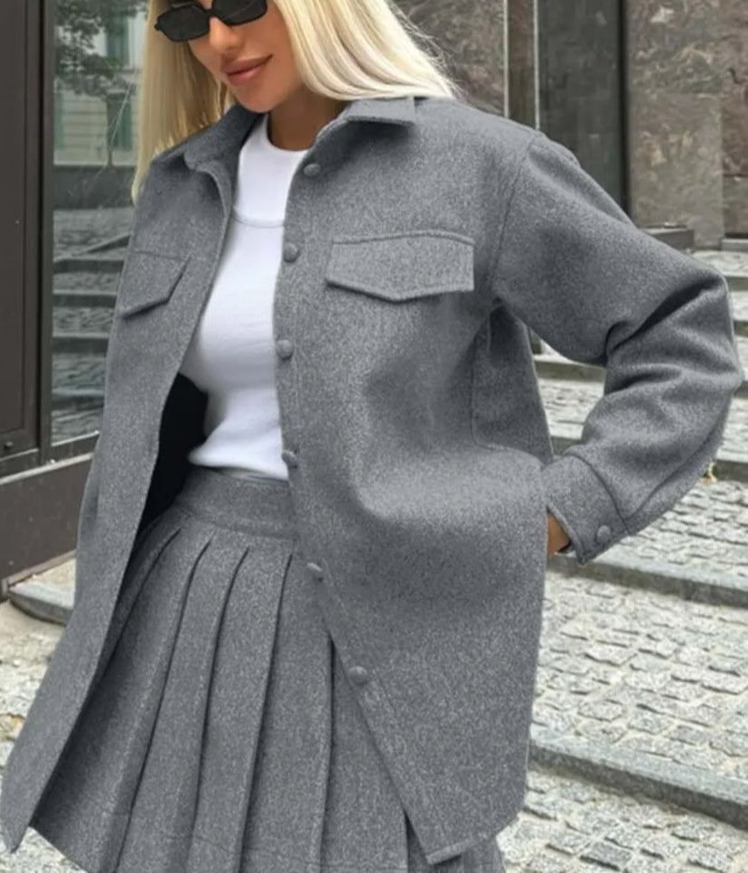 Grey Pockets Pleated Mini Office Two Piece Set