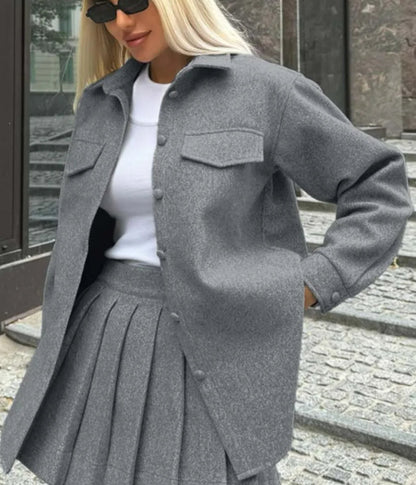 Grey Pockets Pleated Mini Office Two Piece Set