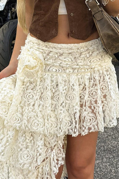 Rose Lace Asymmetrical Mini Skirt
