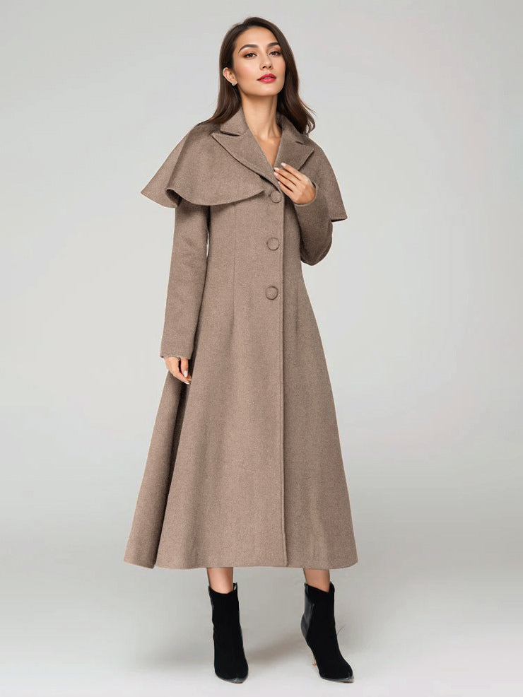 Wool Blend Coat With Cape Classic Lapel Elegant Camel Winter long Outerwear For Women 2026