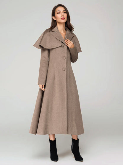 Wool Blend Coat With Cape Classic Lapel Elegant Camel Winter long Outerwear For Women 2026