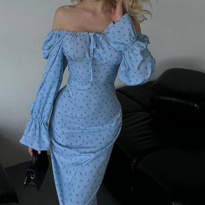 Long flared sleeve flower print self tie maxi dress