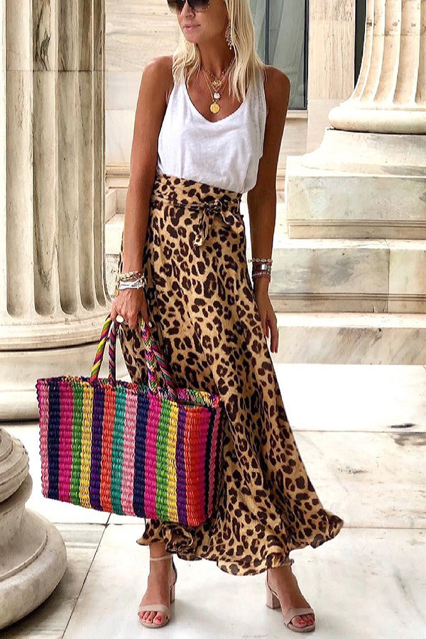 Today’s Journey Satin Leopard Tie Front Elastic Waist Midi Skirt