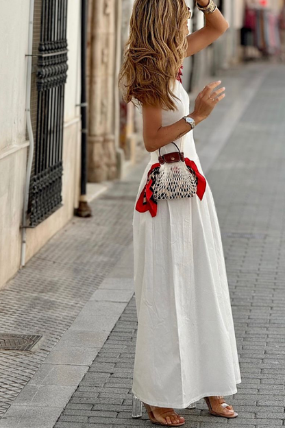 White Waist Loose Hem Sleeveless Round Neck Long Dress