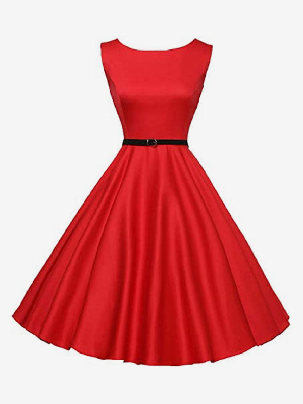 Vintage 1950s Swing Cocktail Dress Women - Sleeveless Boat Neck A-Line Belted Audery Style Midi Gown - Wedding Guest 2026