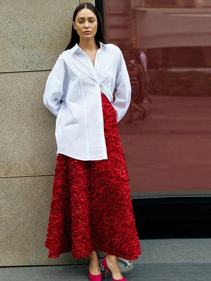 Elegant 3D Flower Solid A-Line Elastic High Waist Skirt