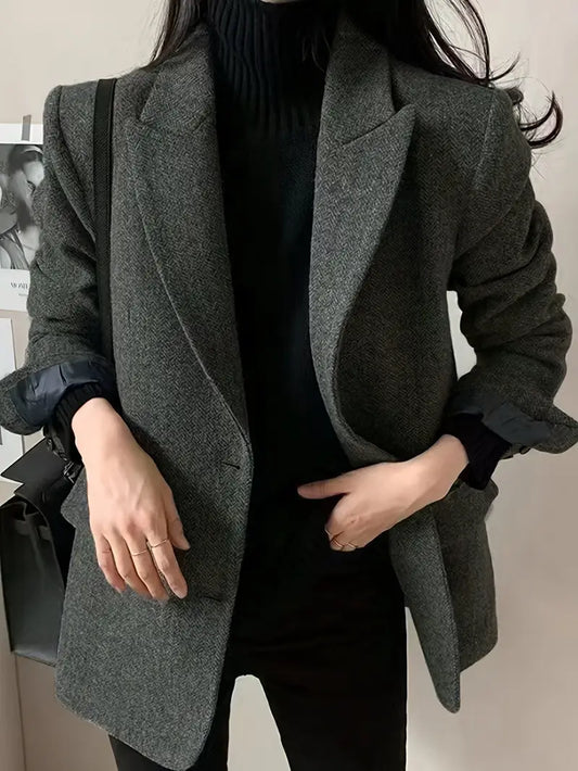 Chic Retro Herringbone Fleece-Blend Blazer
