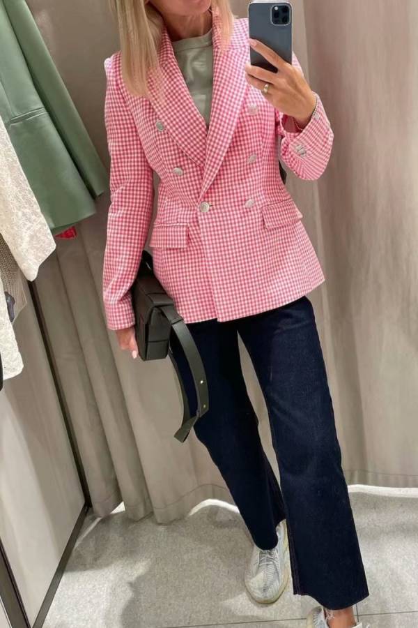 Check Set Double-Breasted Mid-Length Coat