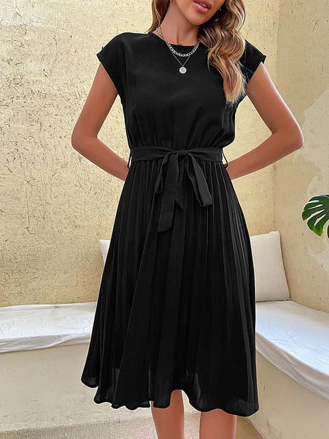 Round Neck Cap Sleeve Tie Waist Accordion Pleated Midi Dress