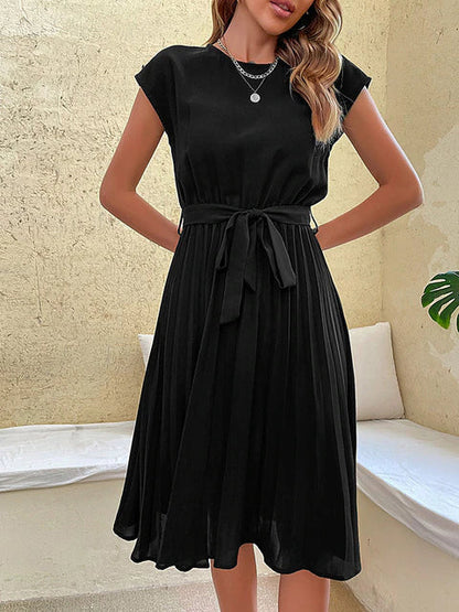Round Neck Cap Sleeve Tie Waist Accordion Pleated Midi Dress