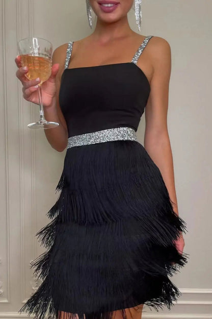 Sequin Strap Square Neck Tiered Fringe Cocktail Mini Dress