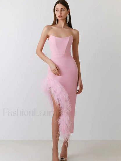 Feather Strapless Bandage Midi Dress
