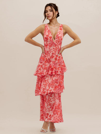 Floral Printed Layered Ruffle Long Dress With Deep V-Neck And Open Back 2026