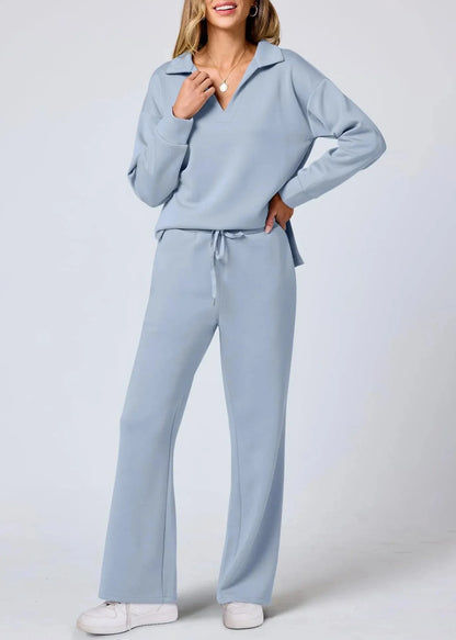 Relaxed Collar Pullover & Wide-Leg Pants Set