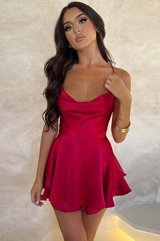Satin Cowl Neck Spaghetti Strap Tiered Ruffle Flounce Mini Dress
