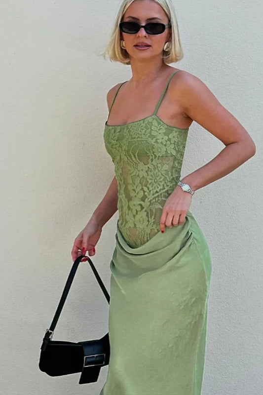 Lace Slim Fit Spaghetti Strap Ruched Maxi Dress