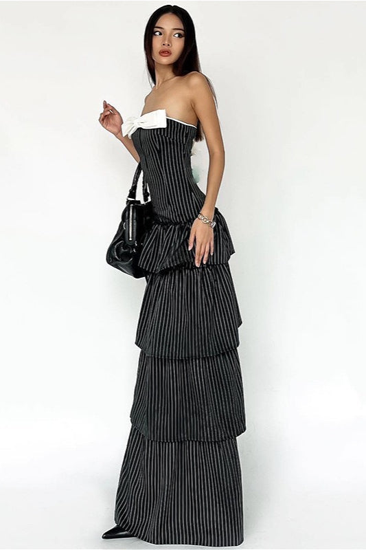 Sexy Striped Ruffle Hem Strapless Maxi Dress