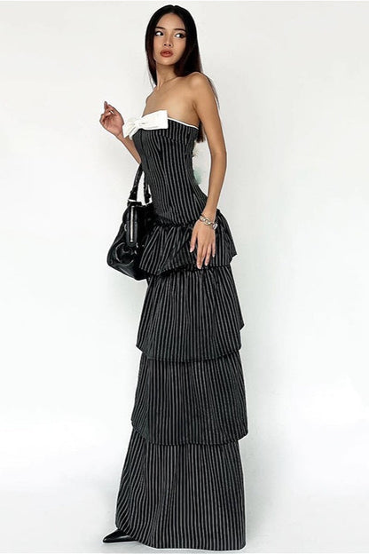 Sexy Striped Ruffle Hem Strapless Maxi Dress