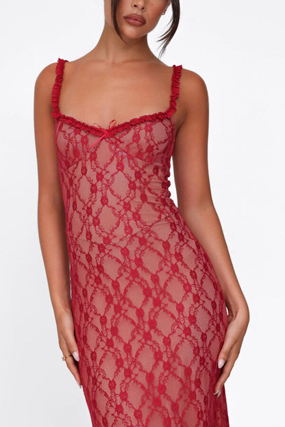 Stylish Plaid Camisole Lace Slim-fit Elegant Midi Dress