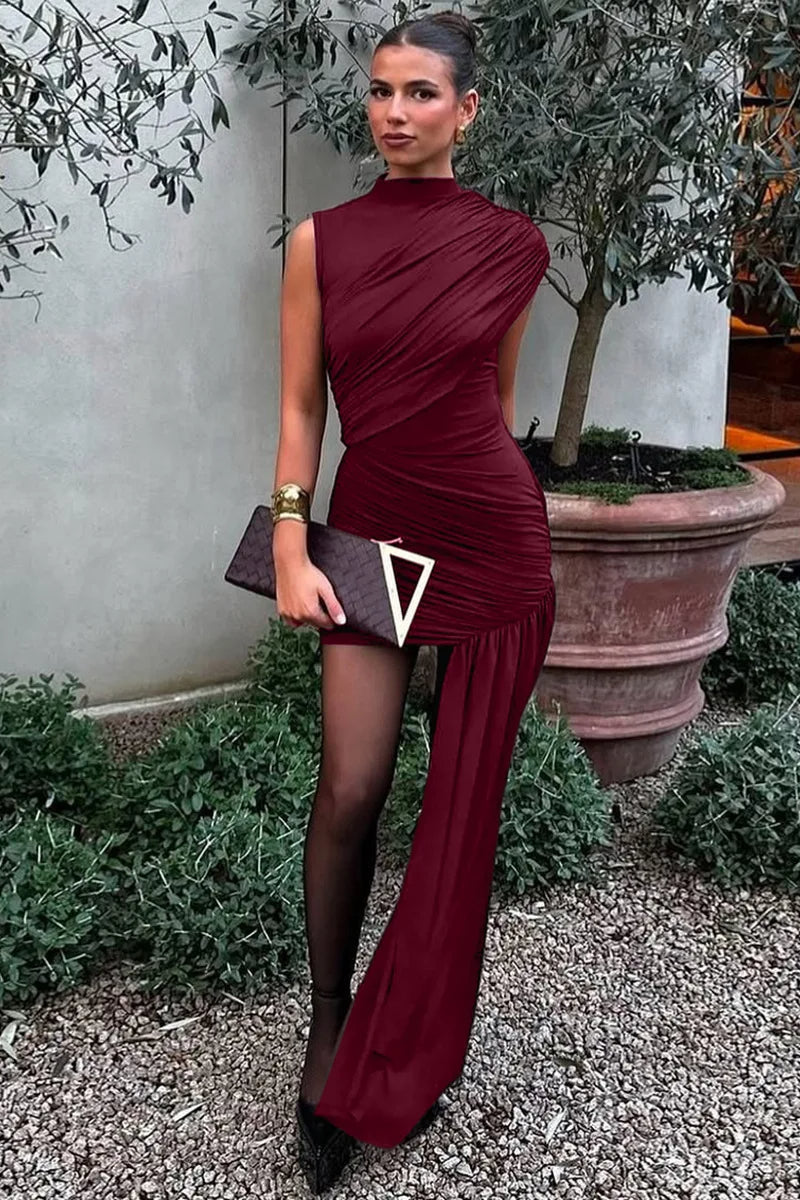Mock Neck One-Sleeve Asymmetric Ruched Draped Side Train Mini Dress